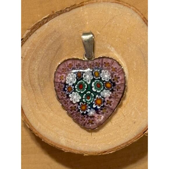 Millefiori Venetian Murano Glass Pink Heart Sterling Silver Pendant - Picture 5 of 6